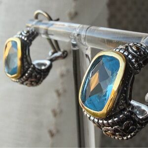 Vintage | Costume Blue Stone Gold Silver Tone Omega Earrings